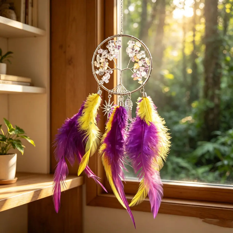 Purple and yellow crystal Tree of Life feather hanging with silver frame