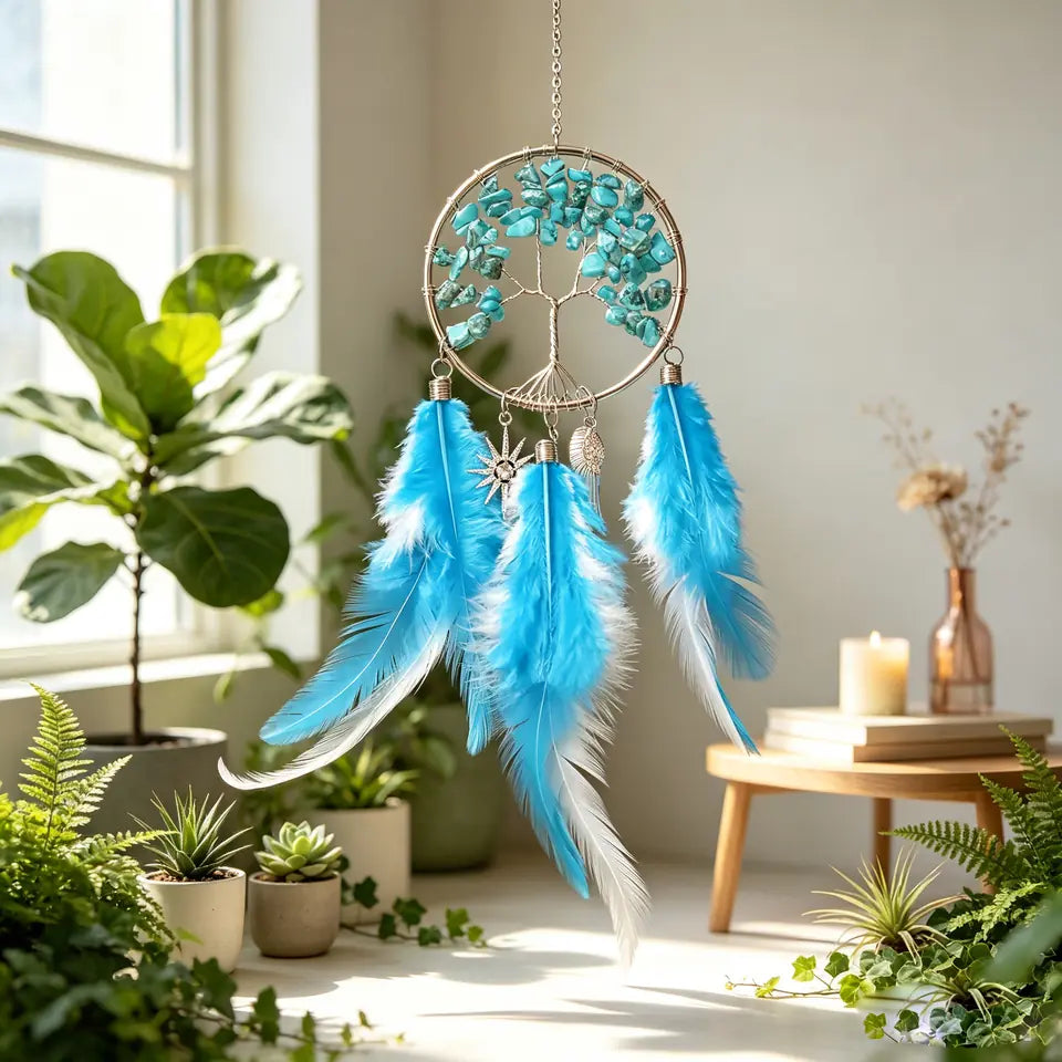 Turquoise crystal Tree of Life hanging with silver frame and feathers