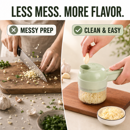 🧄 4-in-1 Handheld Electric Chopper: Slice, Mince, Peel & Auto-Clean!