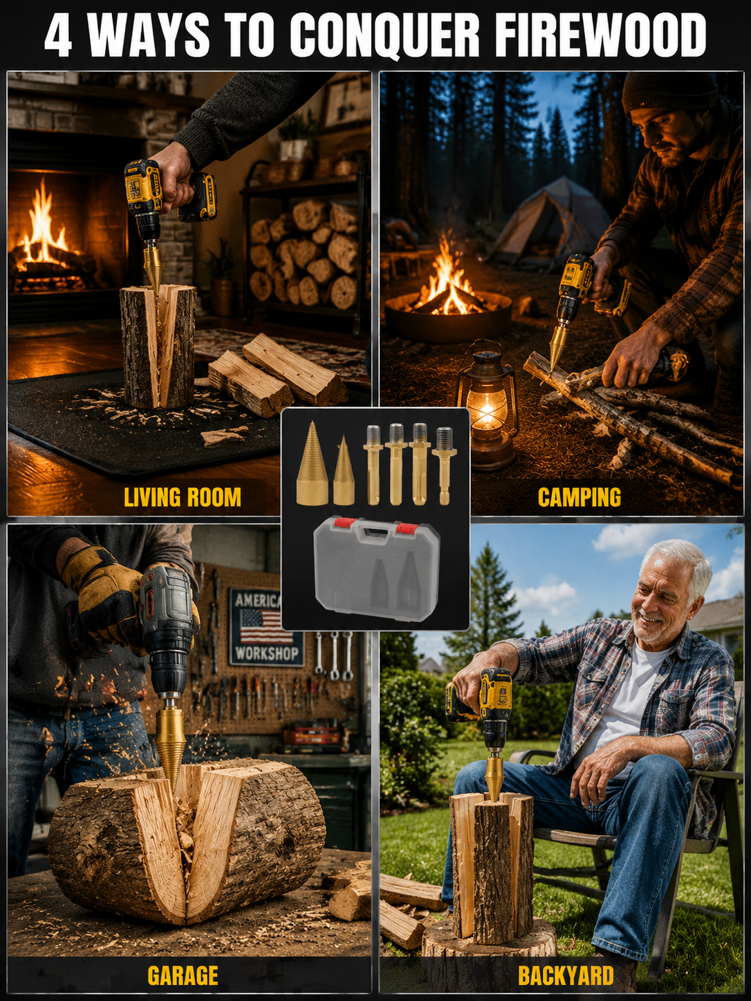 🪓 Titanium Wood Splitter | 6-Piece Drill Bit Set | Titanium Coated | Safe Axe Alternative | Protect Your Back⚡️