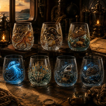 🌊 Release The Kraken Pirate Glass Collection | 7-Piece Legendary Ocean Treasure Crystal Set for Whiskey Lovers & Home Bar Collectors ⚓✨