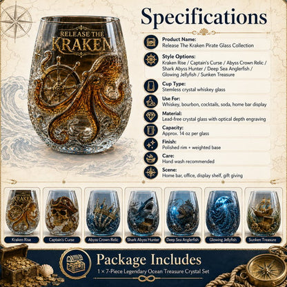 🌊 Release The Kraken Pirate Glass Collection | 7-Piece Legendary Ocean Treasure Crystal Set for Whiskey Lovers & Home Bar Collectors ⚓✨