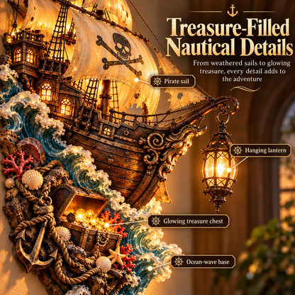 🔥Buy 2 Get 20% OFF🔥🏴‍☠️⛵🔥 Illuminated Pirate Ship Wall Lantern | Glowing Ghost Ship & Treasure Chest Sculpture, Nautical Fantasy Coastal Wall Décor