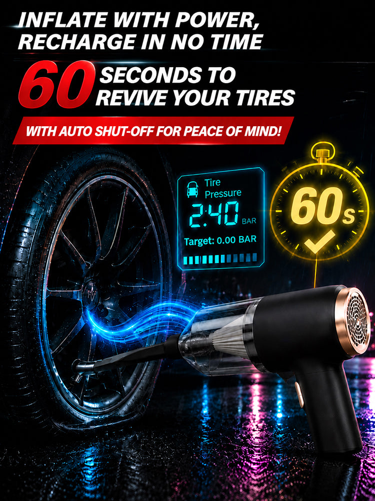 🚀 3-in-1 Car Vacuum: 3s to Clean & Inflate, No more messy seats!