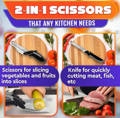 2-in-1 Kitchen Scissors with Cutting Board – Stainless Steel Food Cutter for Meat, Vegetables, Fruit & Cheese