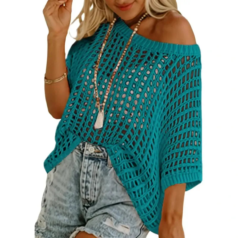Short Sleeve Crochet Sweater Lightweight Summer Tops Loose Hollow Out Crewneck Pullover