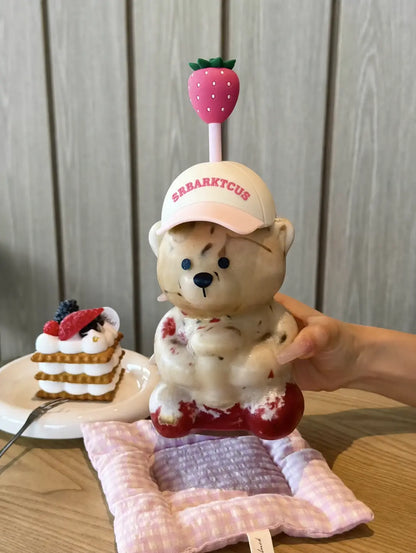 Cute Teddy Bear Glass Tumbler with Strawberry Straw – 20oz Reusable Iced Coffee Cup