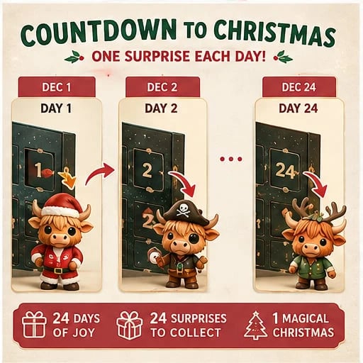 🎄🐮Highland Cow Advent Calendar 2026 – 24-Day Christmas Countdown with Cute Highland Cow Figurines