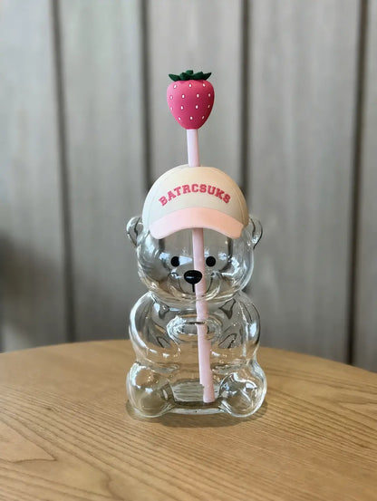 Cute Teddy Bear Glass Tumbler with Strawberry Straw – 20oz Reusable Iced Coffee Cup