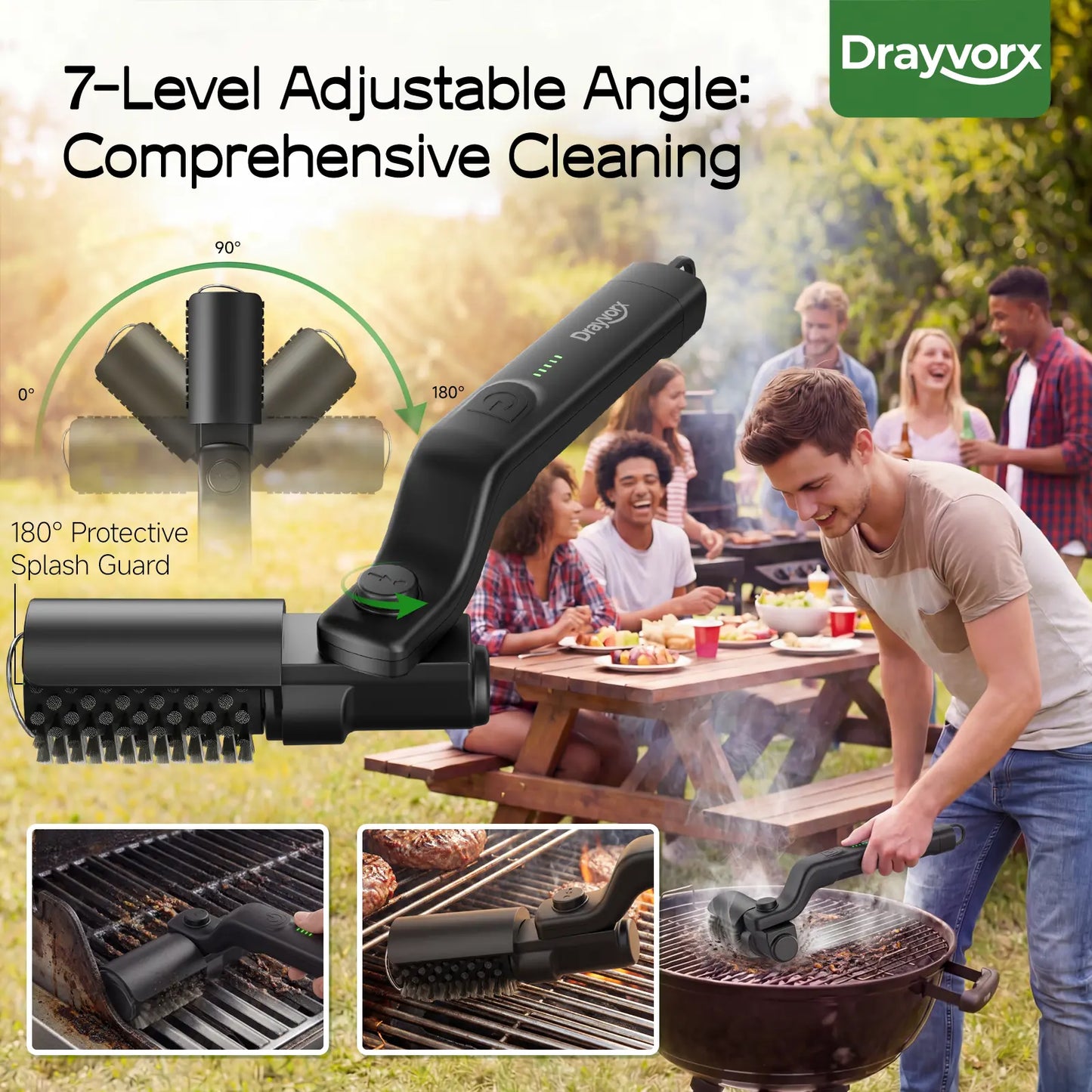 Drayvorx 2-in-1 Cordless Electric Grill Brush, Spin Scrubber with 3-Speed Motor for BBQ Cleaning
