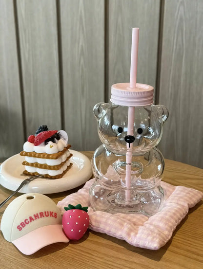 Cute Teddy Bear Glass Tumbler with Strawberry Straw – 20oz Reusable Iced Coffee Cup