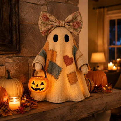 👻 25.6" Lighted Vintage Patchwork Ghost – Cozy Halloween & Fall Home Decor