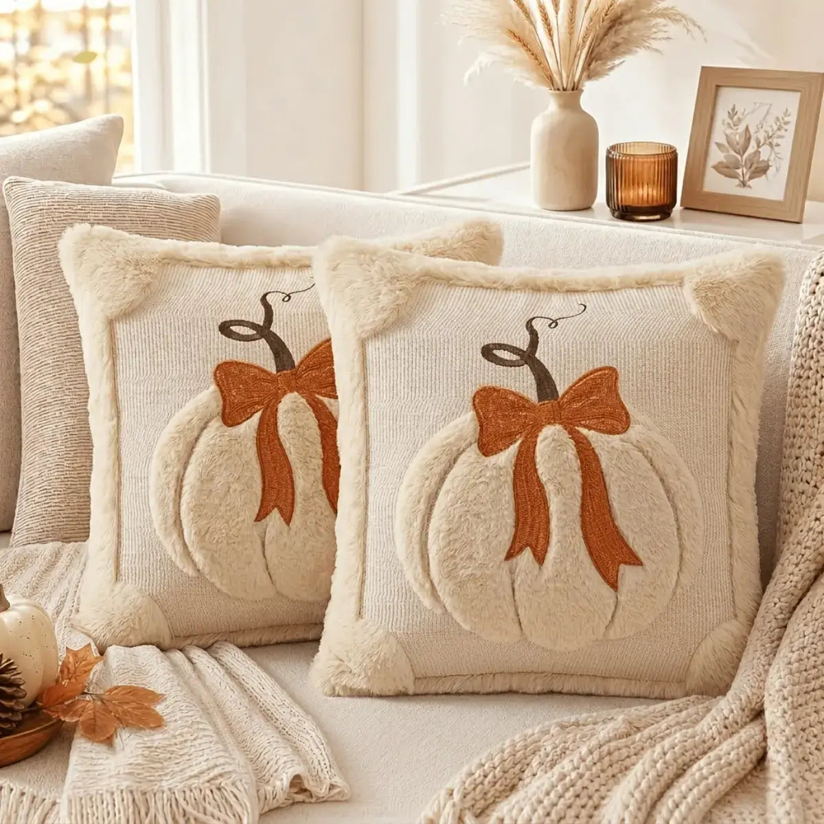 Beige pumpkin bow pillow covers styled on a neutral sofa