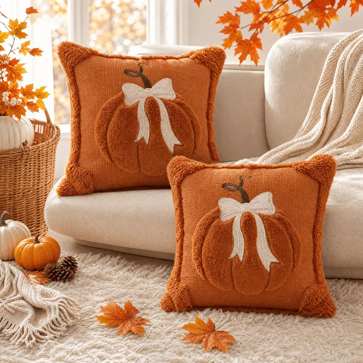 Caramel pumpkin pillow covers in a cozy autumn room