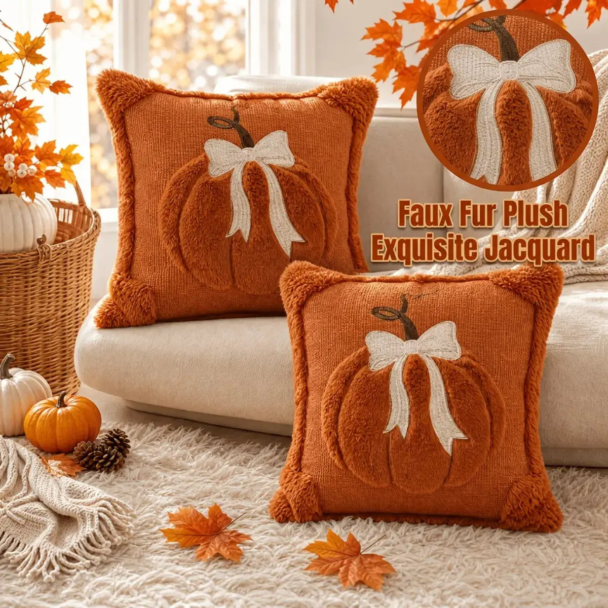 Close-up of plush 3D pumpkin and bow pillow cover texture