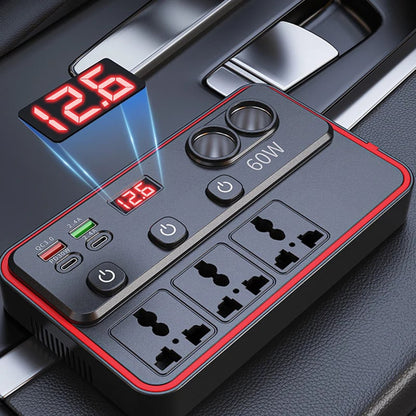 Multifunctional Car Charger with AC Outlets & USB