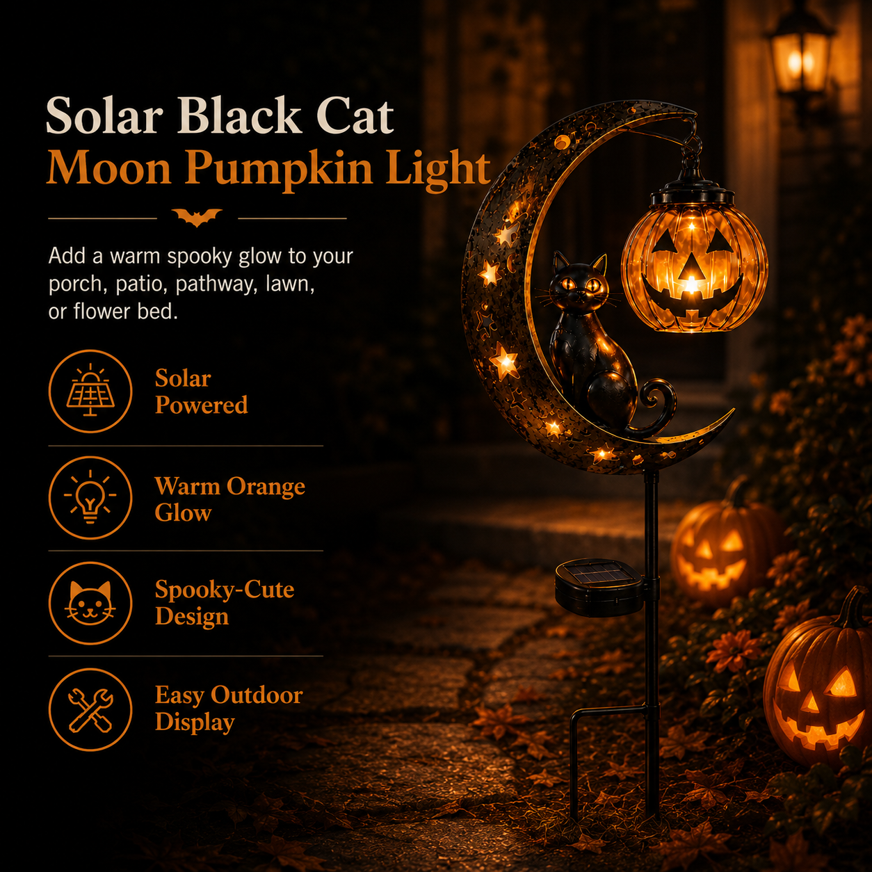🔥 Get Ready for Spooky Season 🎃 Solar Black Cat Moon Pumpkin Outdoor stake Light ✨