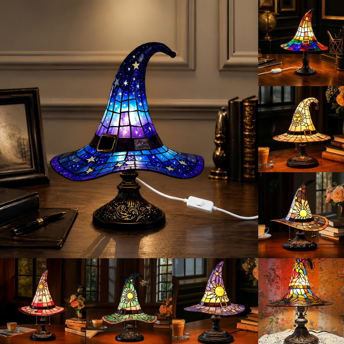 Collection of colorful handcrafted witch hat lamps