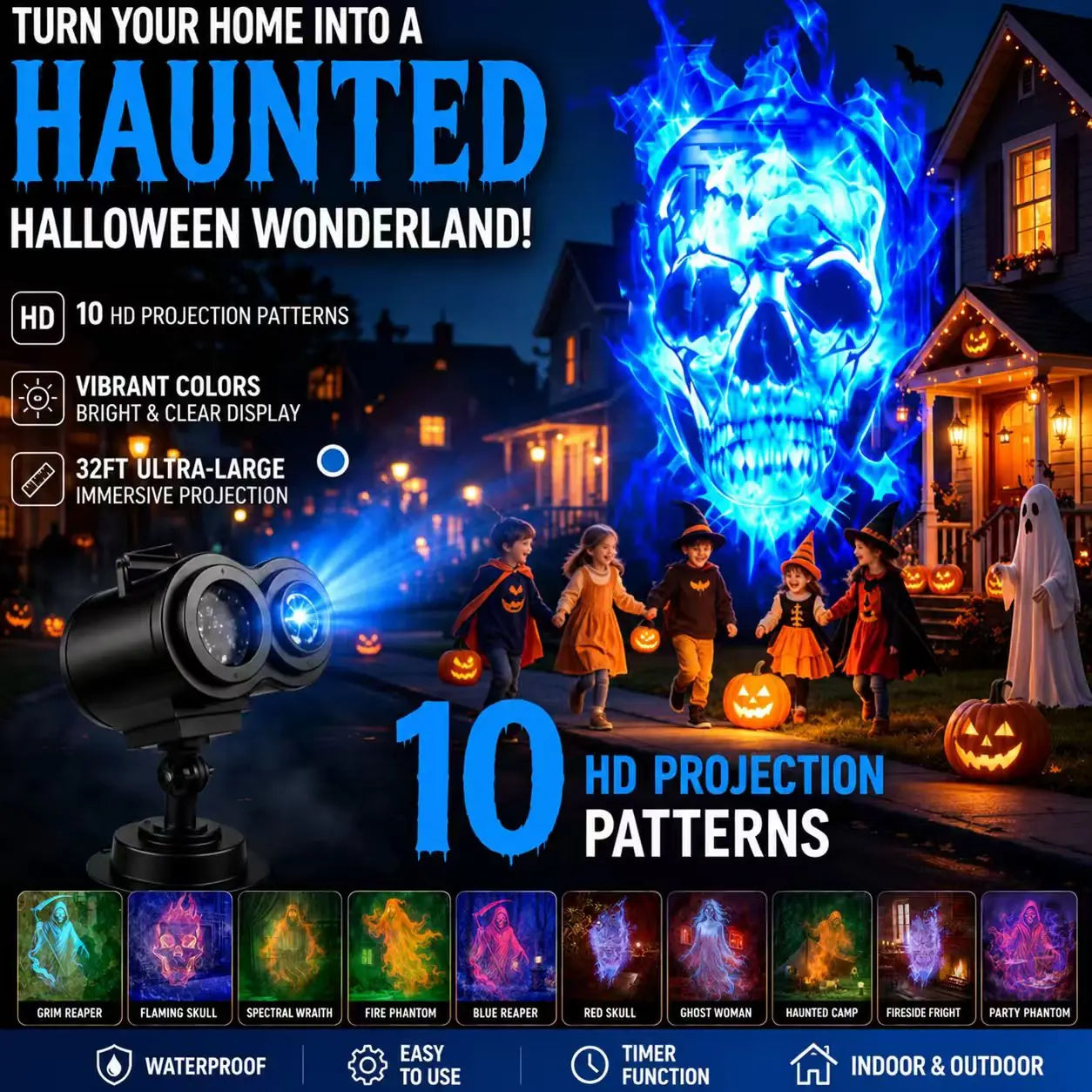 Halloween projector casting bright spooky scenes across a house