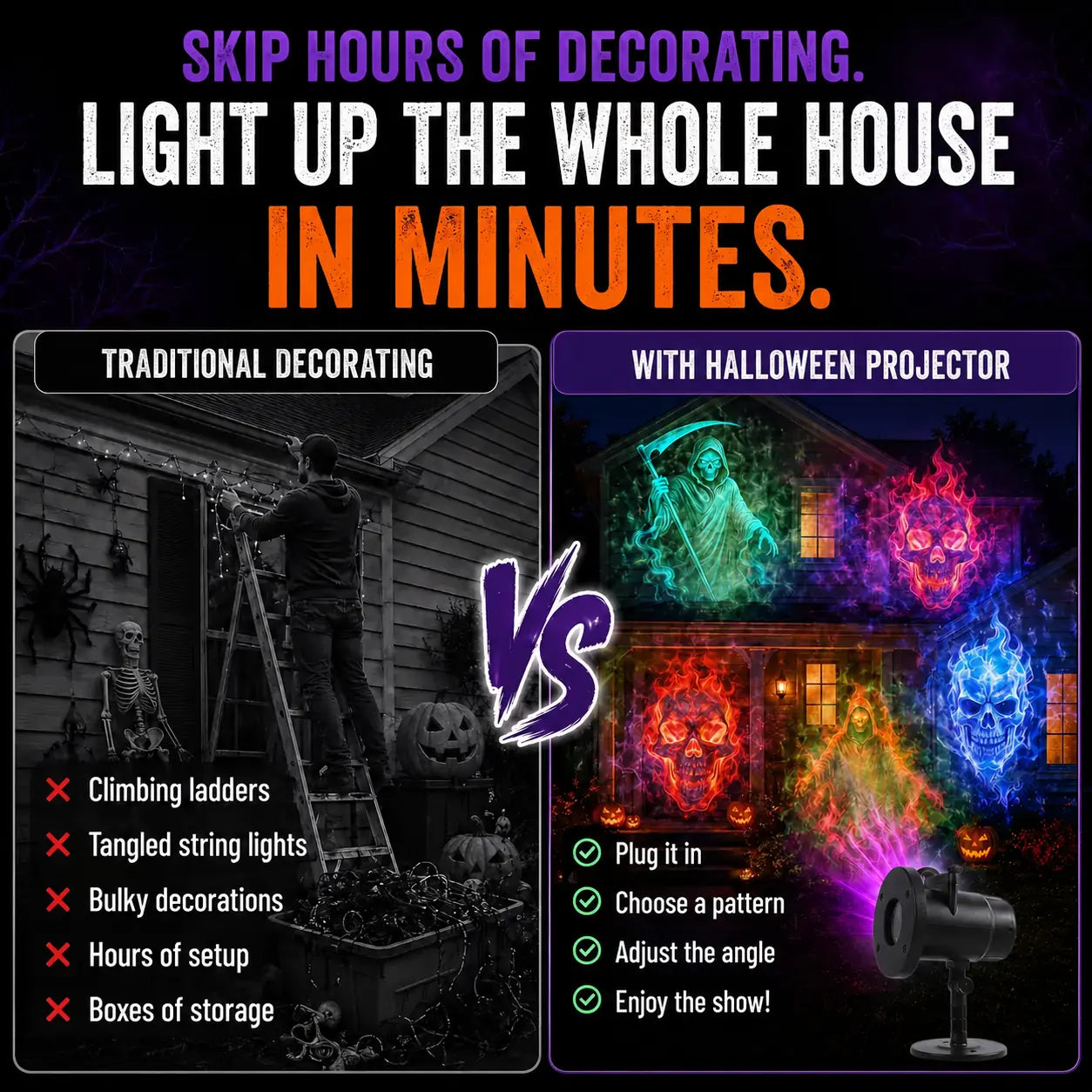 Comparison of complicated traditional decorating and a quick Halloween projector setup