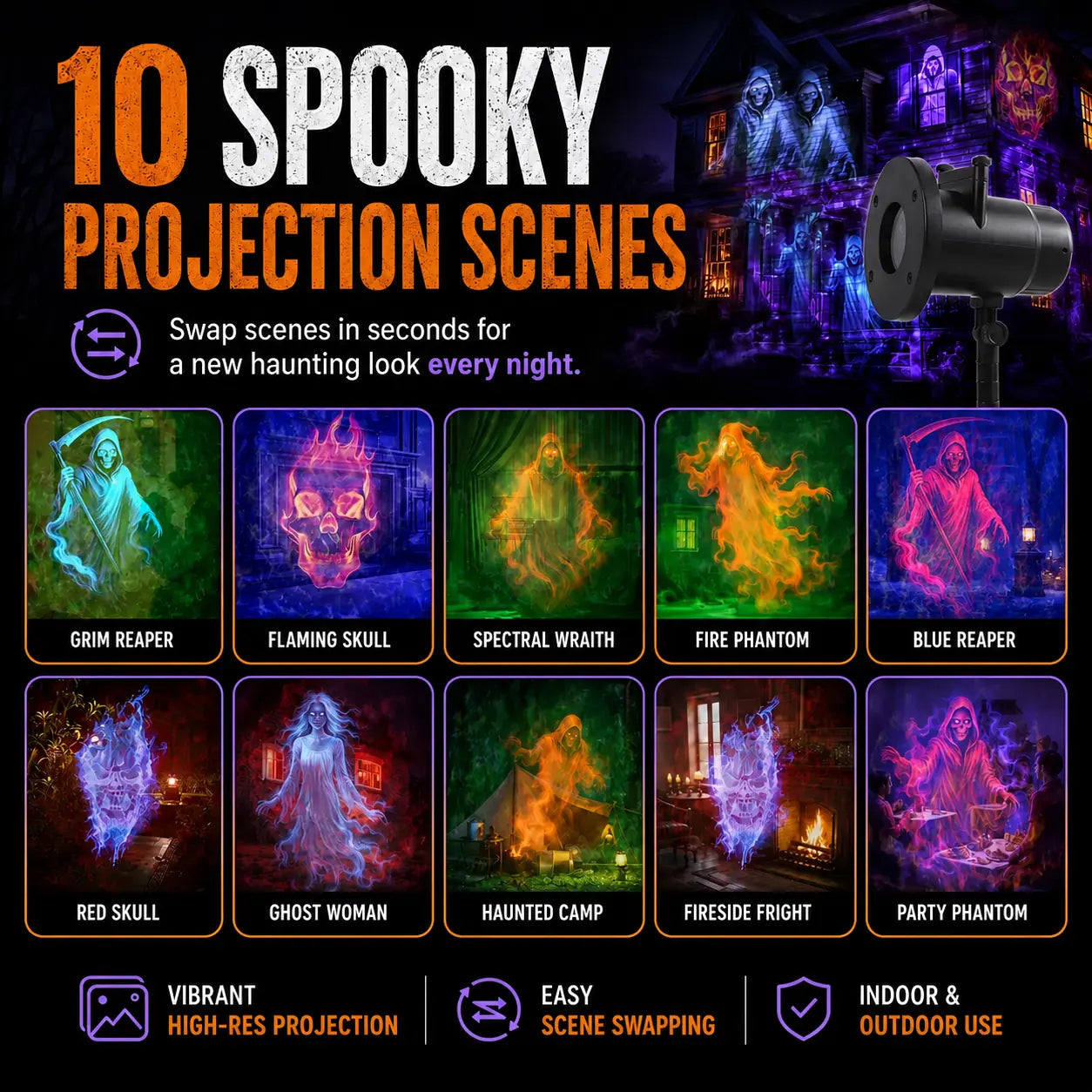 Ten Halloween projection scenes including skulls, ghosts, phantoms and grim reapers