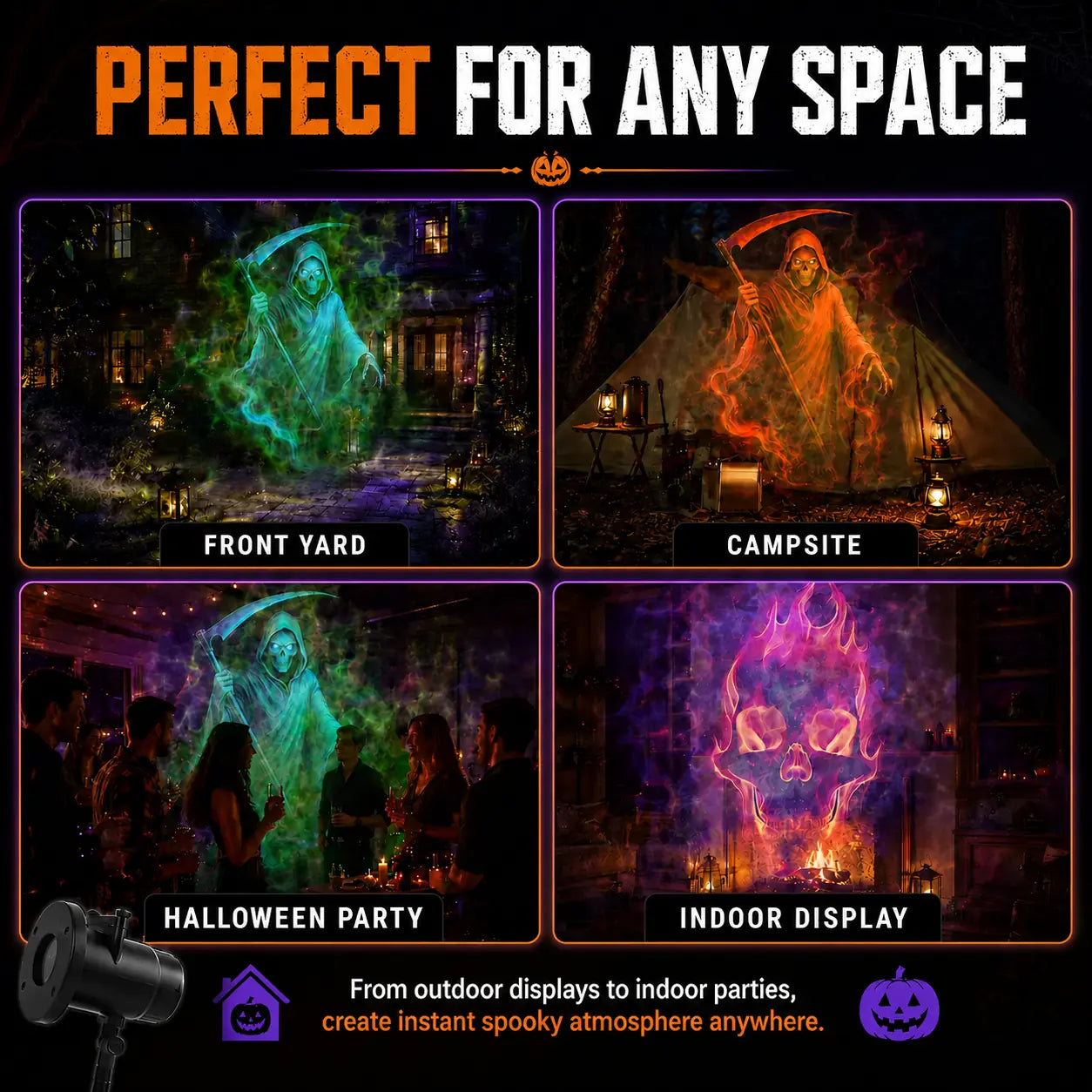 Halloween projection light used in a front yard, campsite, party and indoor room