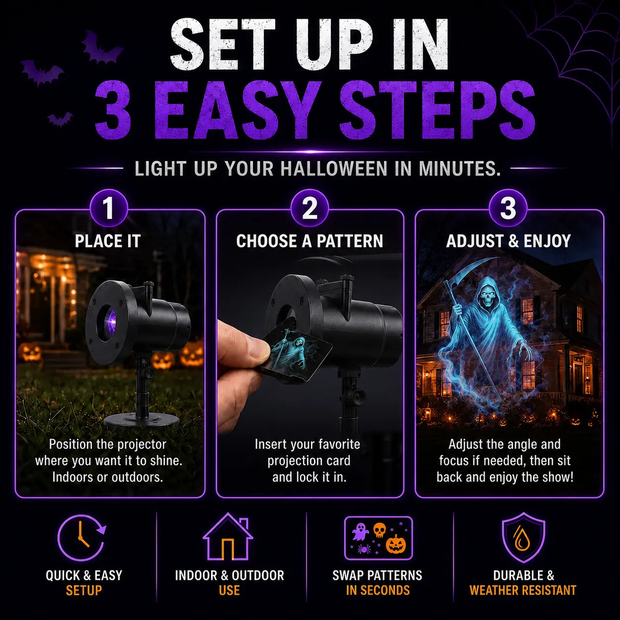 Three step Halloween projector setup: place it, choose a pattern, adjust and enjoy