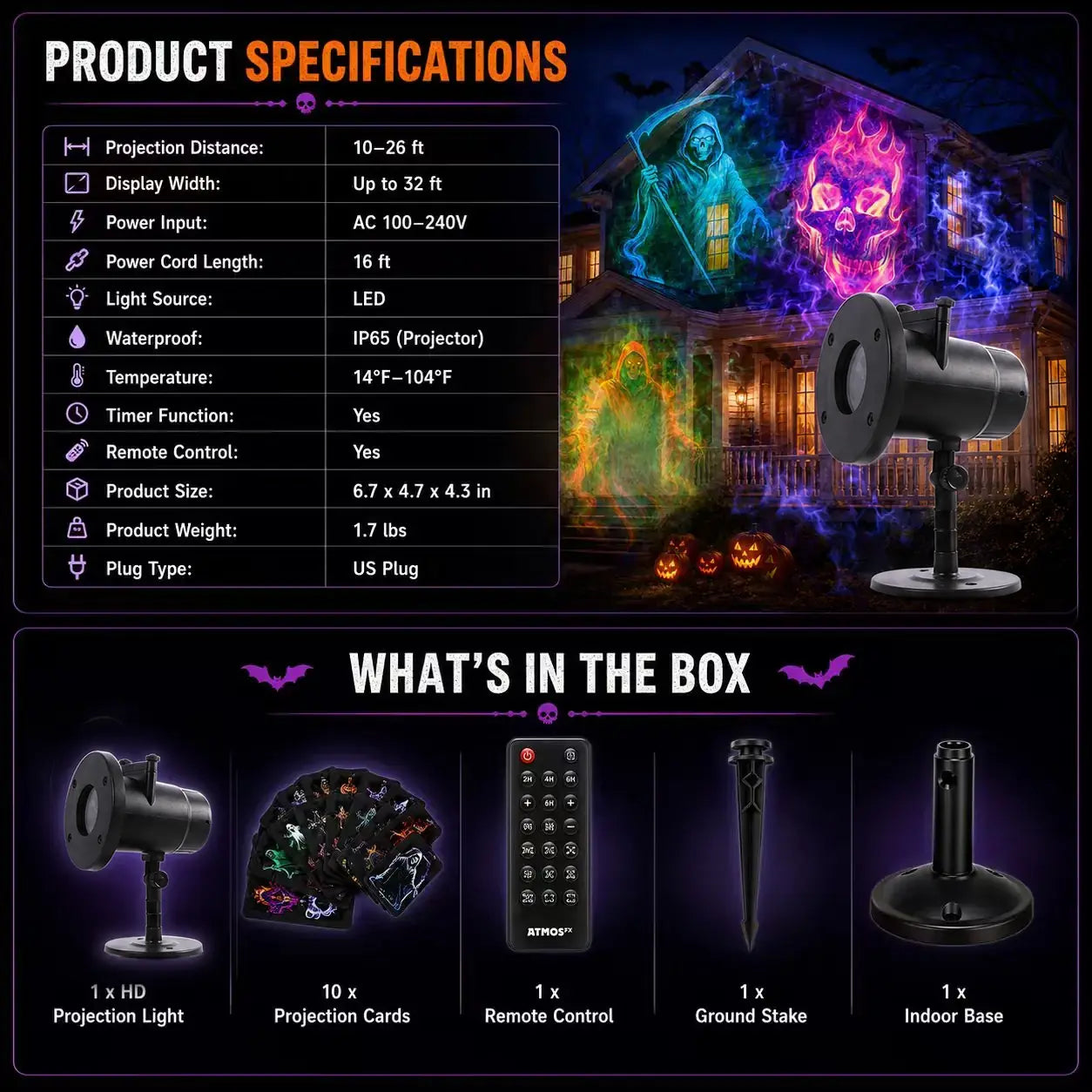 Halloween projector specifications and package contents