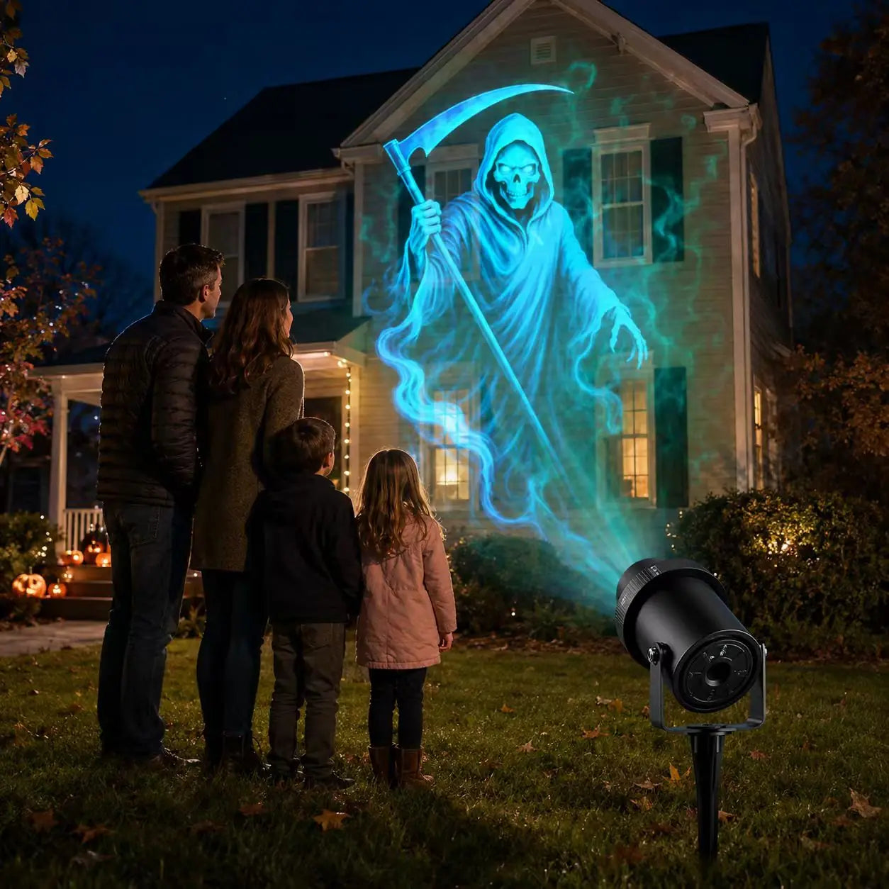 Family watching a blue grim reaper projection on a house