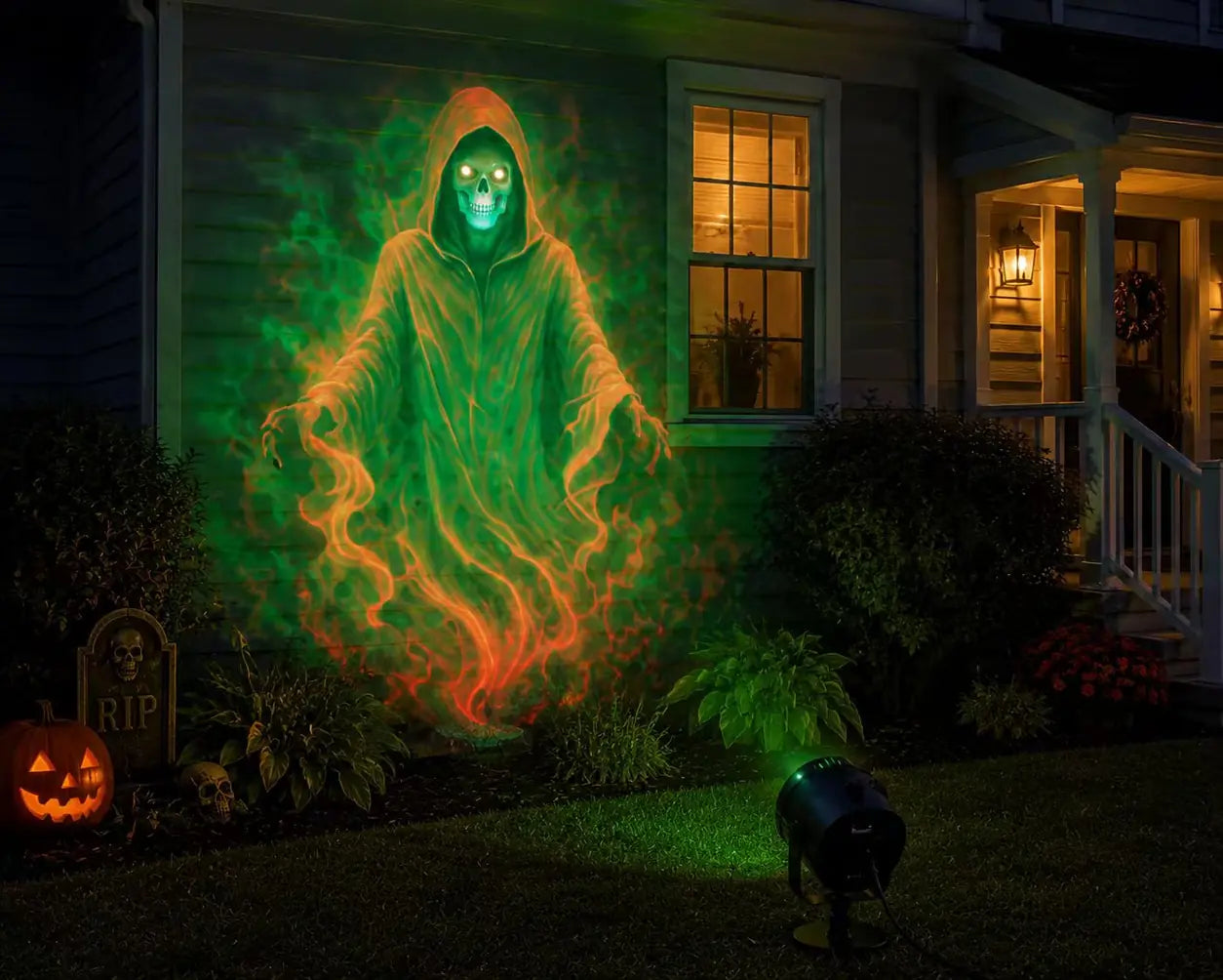 Green phantom projected in a Halloween front yard