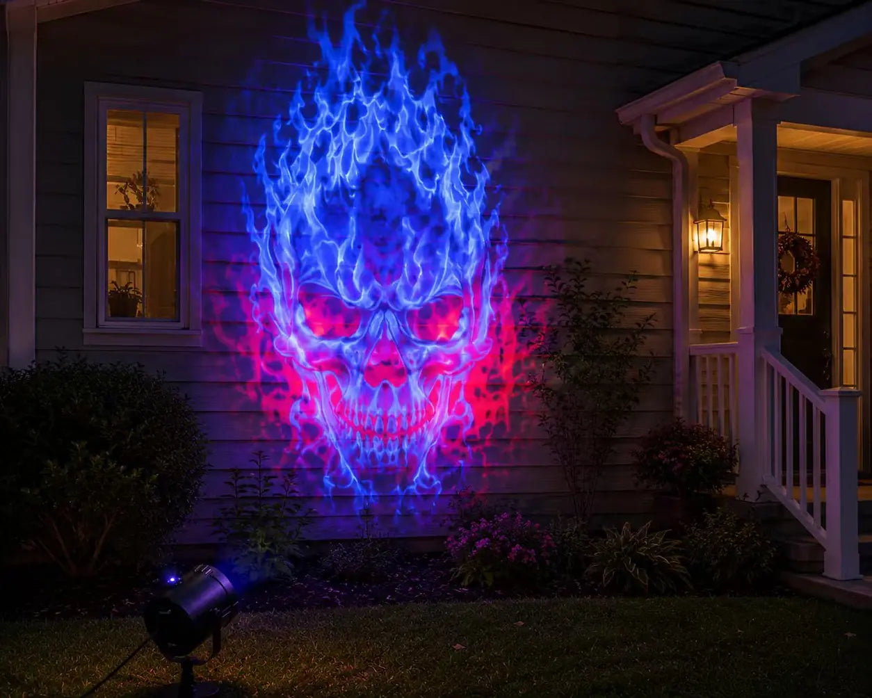 Blue flaming skull projected near a front porch