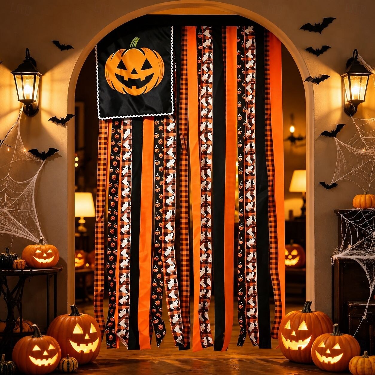 Halloween Banner Flag Pre-Lit Pumpkin Fabric Ribbon