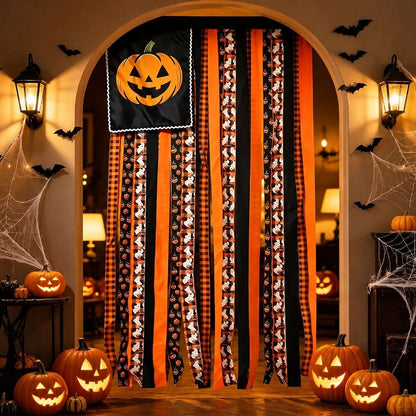 Halloween Banner Flag Pre-Lit Pumpkin Fabric Ribbon