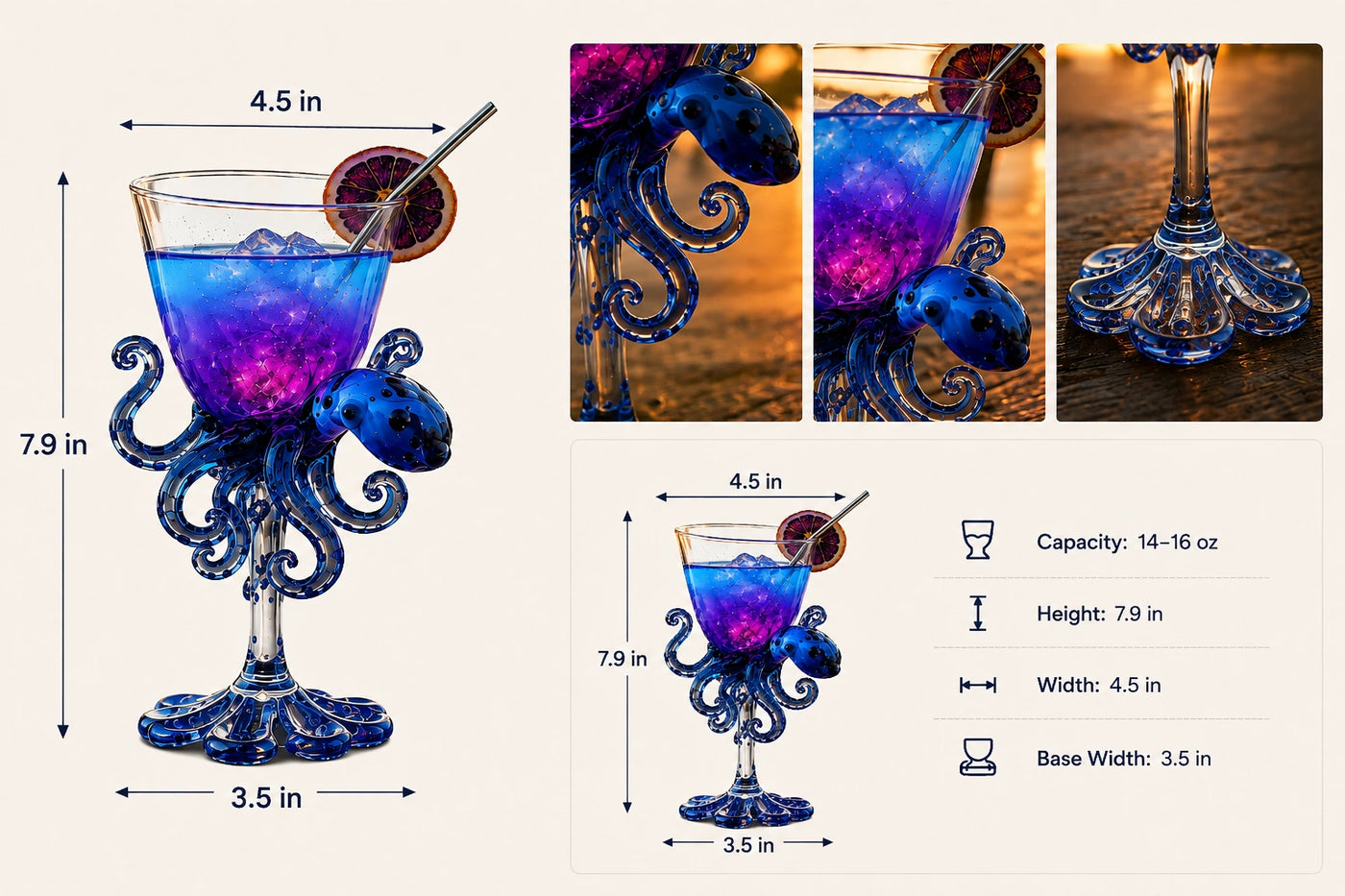Purple Octopus glass dimensions shown in inches