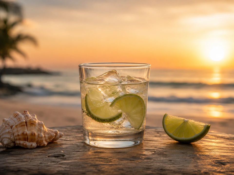 A simple clear glass with ice and lime on a sunset beach table