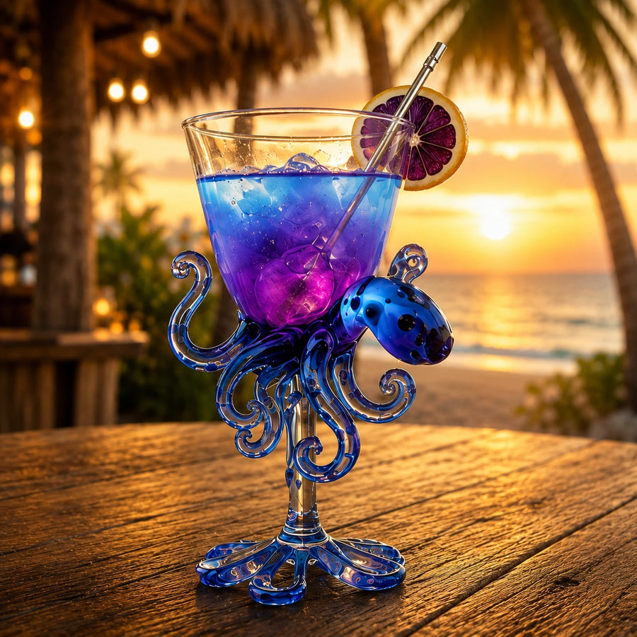Purple Octopus cocktail goblet at sunset
