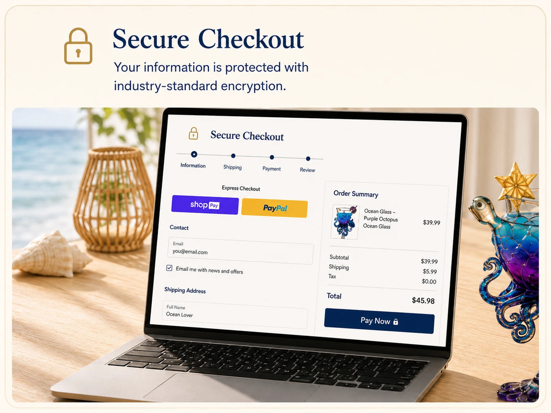 Secure checkout information displayed on a laptop