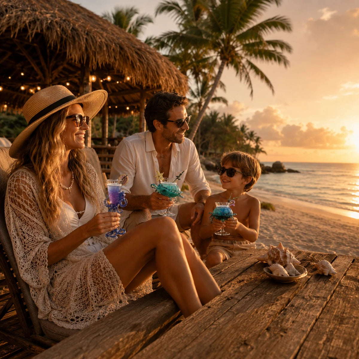 Family relaxing beside a tropical beach house