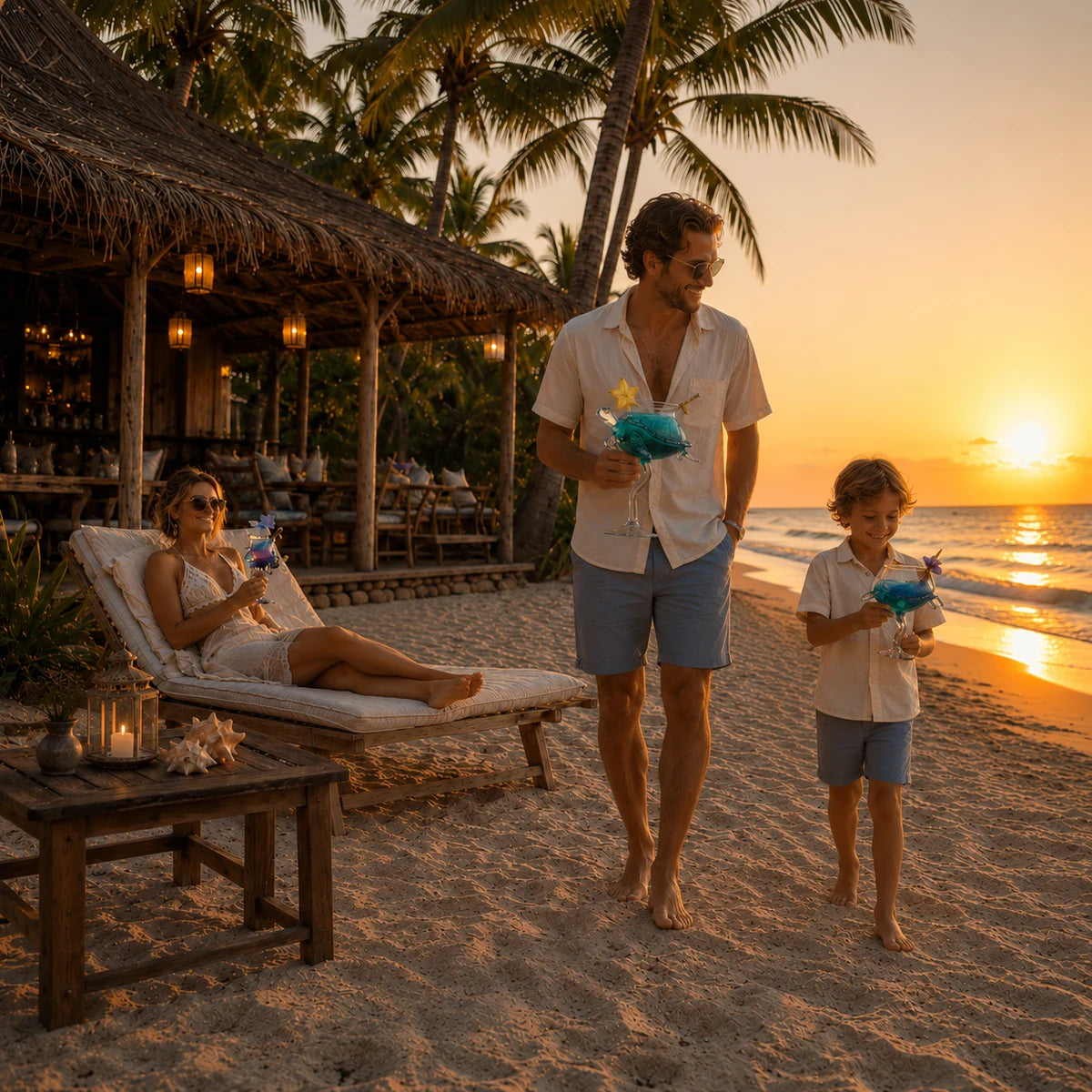 Father and son walking near the sea with ocean glasses
