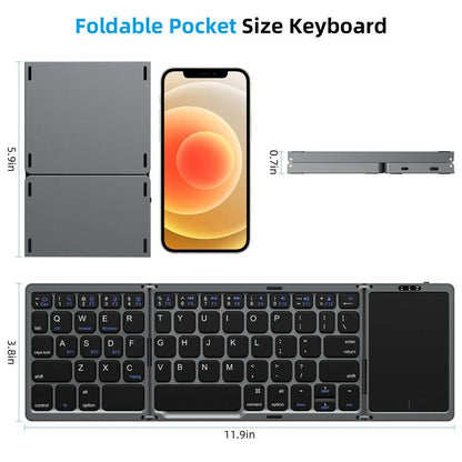 Foldable Bluetooth Keyboard with Touchpad – Rechargeable Portable Wireless Keyboard for iPad, iPhone, Laptop, Tablet, PC (iOS/Android/Windows), 3-Device Sync, 40H Battery, USB-C