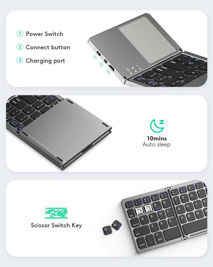 Foldable Bluetooth Keyboard with Touchpad – Rechargeable Portable Wireless Keyboard for iPad, iPhone, Laptop, Tablet, PC (iOS/Android/Windows), 3-Device Sync, 40H Battery, USB-C