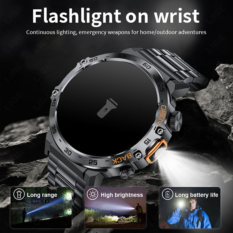 ⌚ Rugged Outdoor Smartwatch with LED Flashlight & Bluetooth Calls 🔦