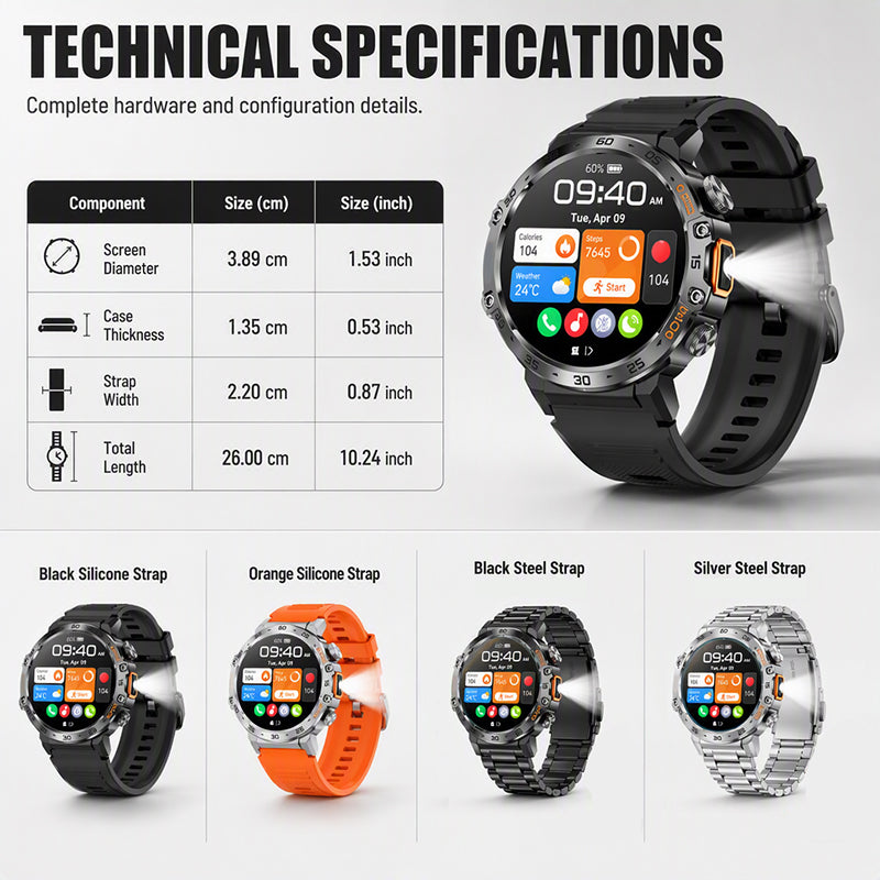 ⌚ Rugged Outdoor Smartwatch with LED Flashlight & Bluetooth Calls 🔦