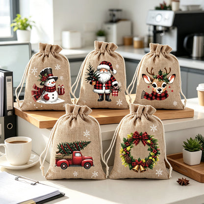 🎅🎄 Christmas Drawstring Gift Bags – Festive Santa & Reindeer Prints, Double Drawstring Closure & Durable Fabric