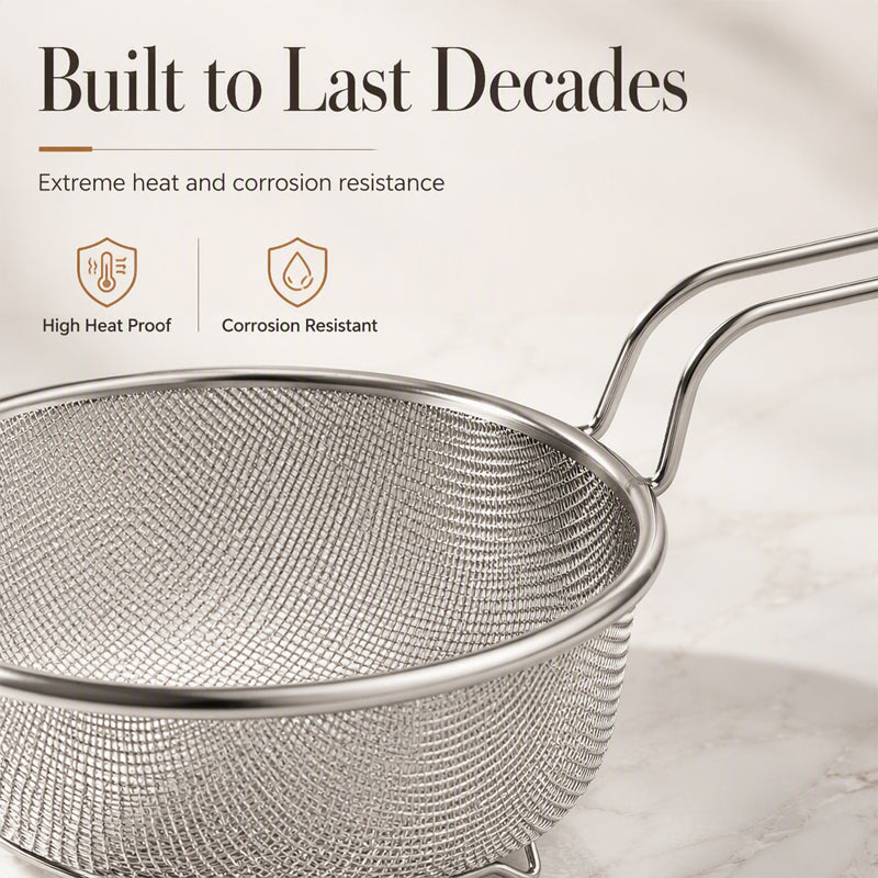 💧 Stainless Steel Sieve with Handle – Fine Mesh, Durable 304 Steel & Easy-Grip Ergonomic Handle – Strain Pasta, Fruits & Veggies Effortlessly ✨