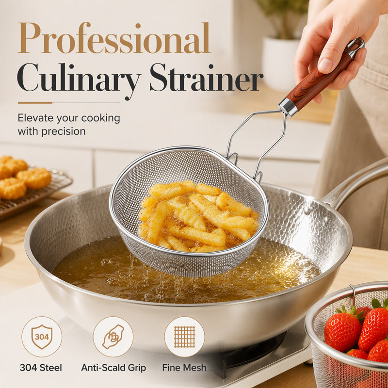 💧 Stainless Steel Sieve with Handle – Fine Mesh, Durable 304 Steel & Easy-Grip Ergonomic Handle – Strain Pasta, Fruits & Veggies Effortlessly ✨