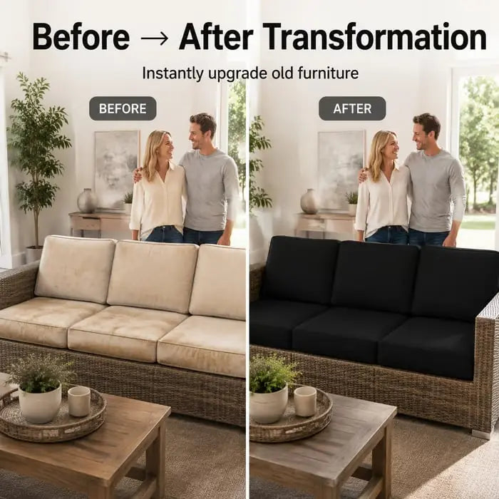 Before and after furniture refresh using dark stretch cushion covers