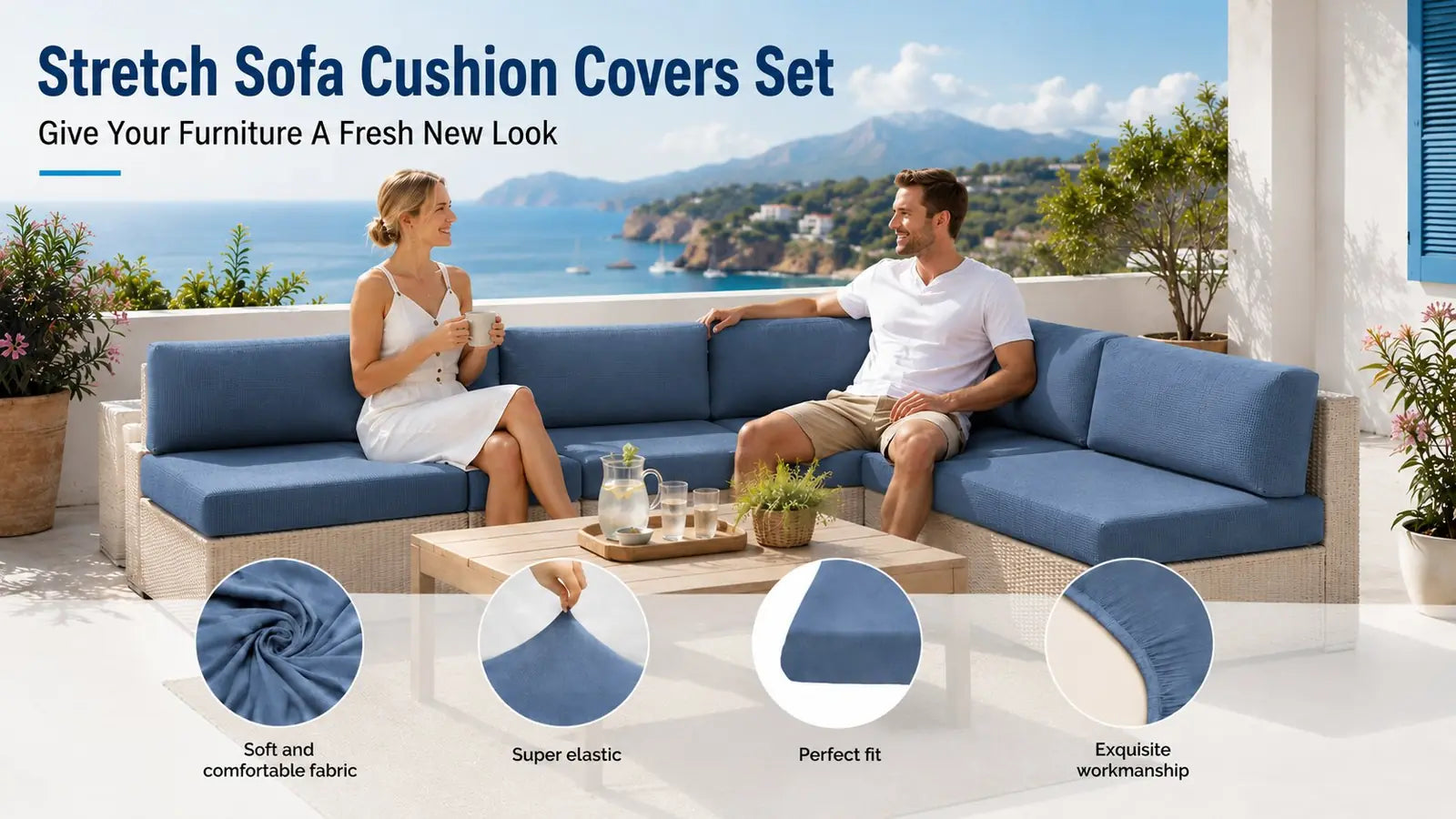 Coordinated blue sofa cushion covers in a bright relaxed seating space