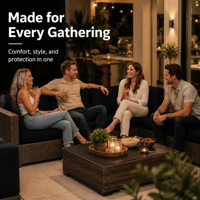 Friends enjoying a warm evening gathering on covered seating