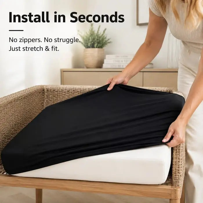 Stretch cushion cover being installed without zippers